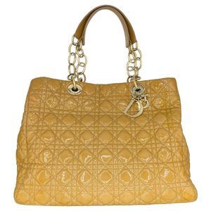 Christian Dior Cannage Yellow Beige Patent Leather Medium Soft Shopping Tote